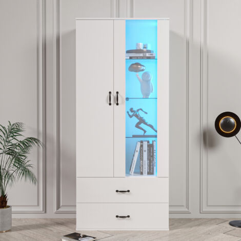 Wishdor – Vitrine blanche avec éclairage LED 16 couleurs – Dimensions 59,5 x 35 x 182 cm – 2 étagères en verre – Style moderne