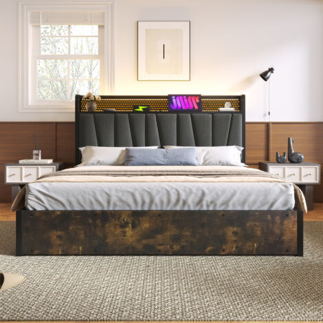 Lit coffre Lit adulte Lit en métal 160 x 200 cm avec tête de lit rechargeable USB, LED et sommier à lattes, gris, sans matelas, sans fond