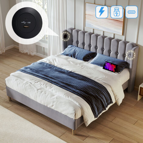 Lit adulte Lit adolescent capitonné 140 x 200 cm avec chargement USB Type C et sommier à lattes, lin, gris (1/5)
