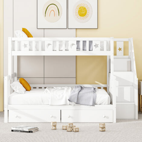Lit superposé enfant 90 x 200 cm et 140 x 200 cm avec 2 grands tiroirs et sommier à lattes, blanc