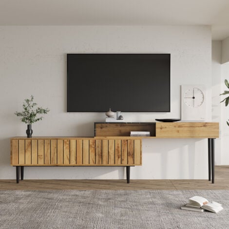Meuble TV bois foncé avec motif marbre et grain de bois, bord en PVC, pieds en fer