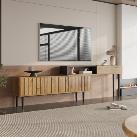 Meuble TV bois foncé avec motif marbre et grain de bois, bord en PVC, pieds en fer