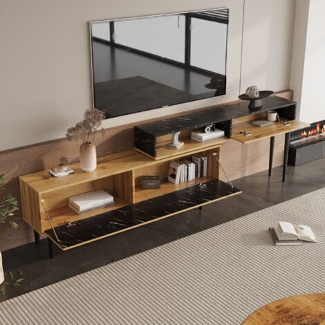 Meuble TV bois foncé avec motif marbre et grain de bois, bord en PVC, pieds en fer