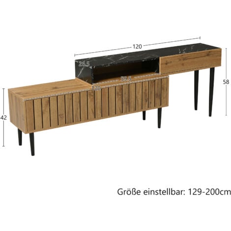 Meuble TV bois foncé avec motif marbre et grain de bois, bord en PVC, pieds en fer