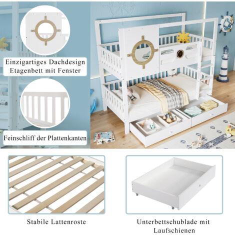 Lit Superposé Blanc 90x200cm Avec Bureau, Garde-Robe Et Espaces De Rangement Intégrés - Sécurité