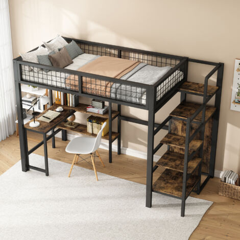 Lit Mezzanine Bureau Intégré 140x200 – Métal Et Bois – Dressing Et étagères – Noir – Enfant/ado - 8