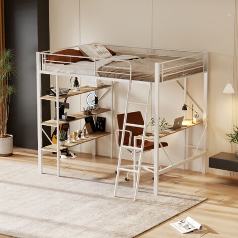 Wishdor – Lit mezzanine 90x200 cm avec bureau et étagères – Cadre en métal blanc – Hauteur 180,5 cm – Capacité 120 kg