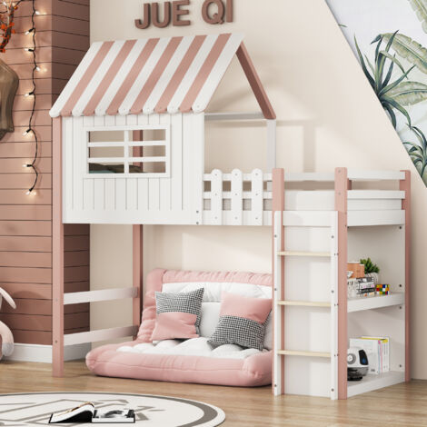 Wishdor – Lit mezzanine enfant 90 x 200 cm – Échelle de sécurité – Rangement intégré – Sommier à lattes en bois massif – Couleur rose