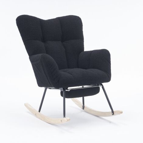 Wishdor – Fauteuil à bascule capitonné en tissu teddy – Repose-pieds extensible – Charge jusqu'à 110 kg – Design ergonomique noir