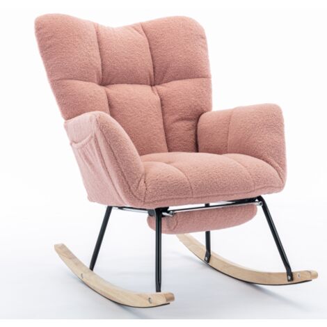 Rocking chair Fauteuil à bascule capitonnrée en tissu teddy tissée avec repose-pieds extensible, charge jusqu'à 110 kg, rose