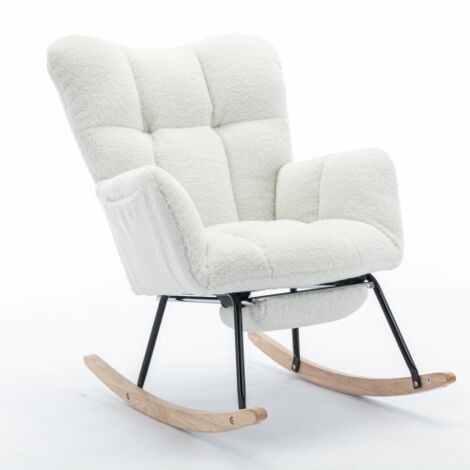 Wishdor – Fauteuil à bascule capitonné en tissu teddy – Repose-pieds extensible – Charge jusqu'à 110 kg – Design minimaliste blanc