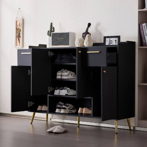 Wishdor – Meuble à chaussures noir laqué avec 2 tiroirs et 4 portes – Dimensions H100/L130/P37 cm – Panneaux de particules – Pieds en métal (1/5)