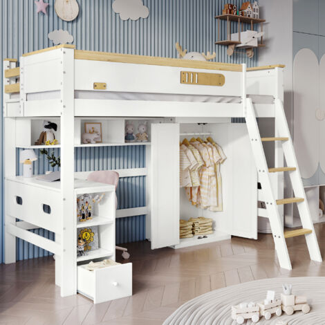 Wishdor – Lit mezzanine enfant 90x200 cm avec bureau et armoire – Grille antichute – MDF et pin – Couleur blanc et naturel – Échelle incluse