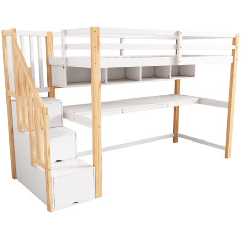 Lit Mezzanine Enfant 90x200 Cm Avec Bureau Et Rangements - Bois Massif, Escalier Sécurisé, Blanc - Sans Matelas - 11
