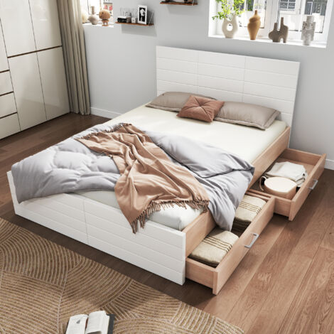 Lit 160x200 cm avec 2 tiroirs, lit bois 160x200 cm, lit moderne, cadre de lit avec sommier à lattes, blanc, sans matelas