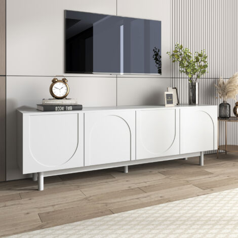 Wishdor – Meuble TV blanc 175 cm – Panneaux d'insertion réglables – Système Push-to-Open – Pieds en bois massif noir – Rangement optimisé