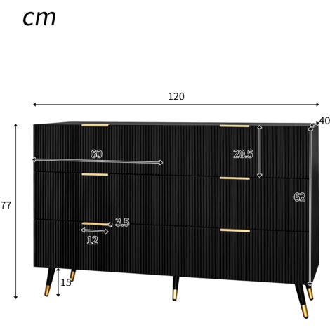 Commode 6 tiroirs, commode noire pour chambre et salon