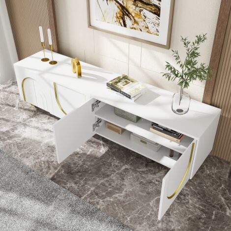Meuble TV blanc et or, meuble TV bas avec portes structurées, pieds ronds dorés, pour salon, chambre