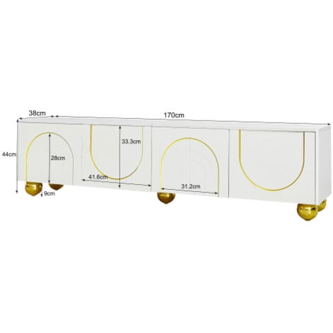 Meuble TV blanc et or, meuble TV bas avec portes structurées, pieds ronds dorés, pour salon, chambre