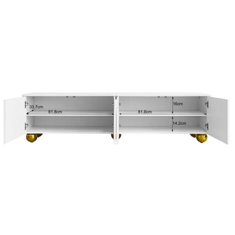 Meuble TV blanc et or, meuble TV bas avec portes structurées, pieds ronds dorés, pour salon, chambre