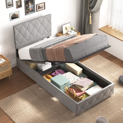 Lit coffre 90x200 cm, lit adulte, lit capitonné avec tête de lit de décoration couture bouton et sommier à lattes, gris, sans matelas (1/5)