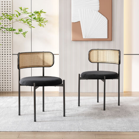 Lot de 2 chaises de salle à manger en velours et rotin avec pieds en métal, modernes et simples pour salon, noir