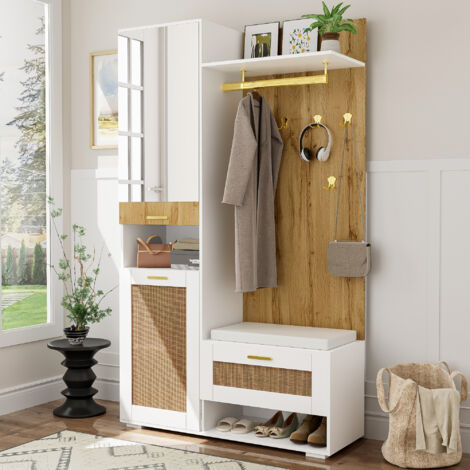 Wishdor – Ensemble de meubles d'entrée avec miroir – 5 patères dorées – armoire à chaussures – banc avec éclairage LED – dimensions 110x38x190 cm