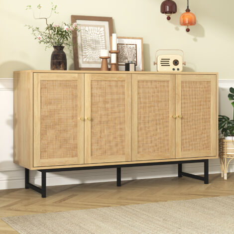 Wishdor – Buffet en bois cannage 4 portes – Pieds métal noir – Dimensions 140x39,5x80 cm – Rangement élégant pour salon et salle à manger