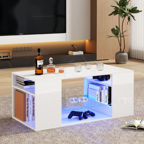 Table Basse Salon Moderne Avec LED Réglable, étagère Ouverte Et Réglable - Blanc, Dimensions 97.5x48x45 Cm