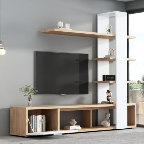 Wishdor – Meuble TV blanc et bois – Dimensions 180x33,5x151,5 cm – Panneaux de particules – 3 étagères et 1 porte – Pour téléviseurs jusqu'à 60 pouces (1/5)
