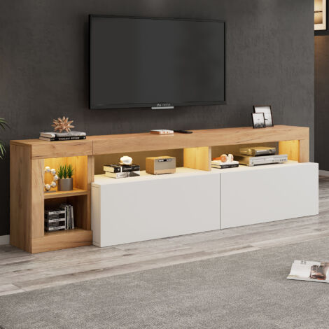 Wishdor – Meuble TV blanc et bois – Meuble TV LED 184x42x58 cm – Grand espace de rangement – Design minimaliste pour salon et chambre