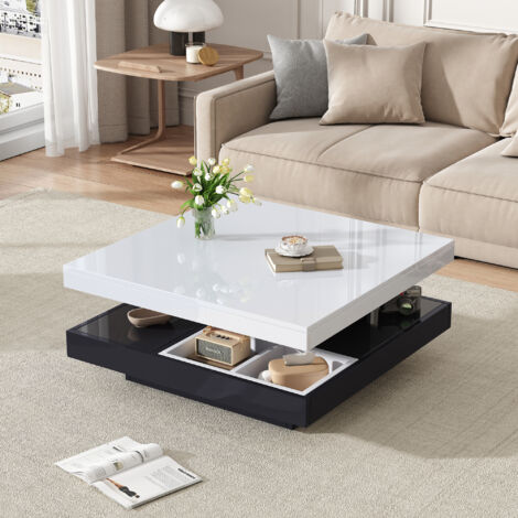 Table basse carrée avec plateau blanc brillant de table rotatif à 360°, double plateau pivotant avec compartiment de rangement, blanc et noir (1/5)