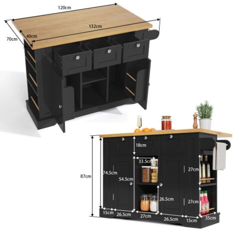 Desserte de cuisine avec 5 roulettes, tiroir, étagère à épices, porte-serviettes, plan de travail rabattable, naturel et noir