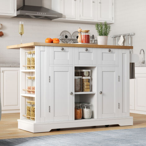 Wishdor – Desserte de cuisine mobile extensible 132 x 40(70) cm – 3 tiroirs, étagères ouvertes, prise intégrée, roulettes avec freins – MDF blanc et naturel