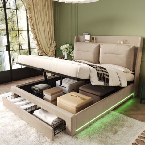 Wishdor – Lit coffre 140 x 190 cm – Lit double rembourré avec tiroirs – Éclairage LED réglable – Sommier à lattes en velours beige
