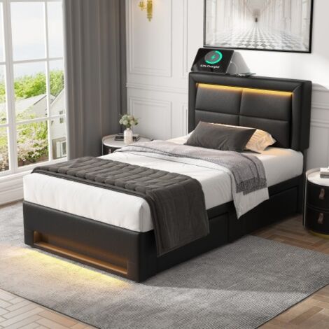 Lit adulte 90x190 cm, lit simple capitonné avec port USB et éclairage LED, 4 tiroirs, similicuir, noir, sans matelas (1/5)