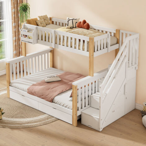 Lit superposé 90/140x200cm, avec panier de rangement, avec tiroirs, avec armoire d'escalier, avec rangement, blanc et naturel, sans matelas