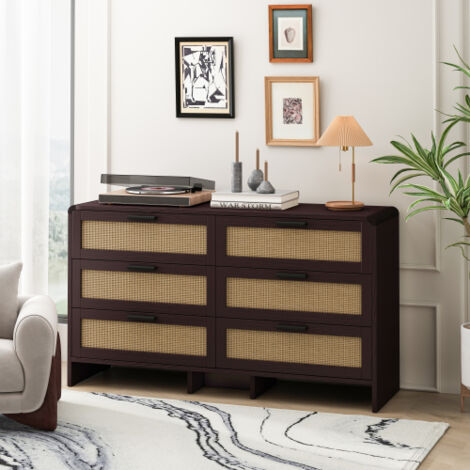 Commode en rotin, commode haut 130cm, 6 tiroirs, coin incurvé, panneaux de particules, pour chambre, salon, marron rougeâtre (1/5)