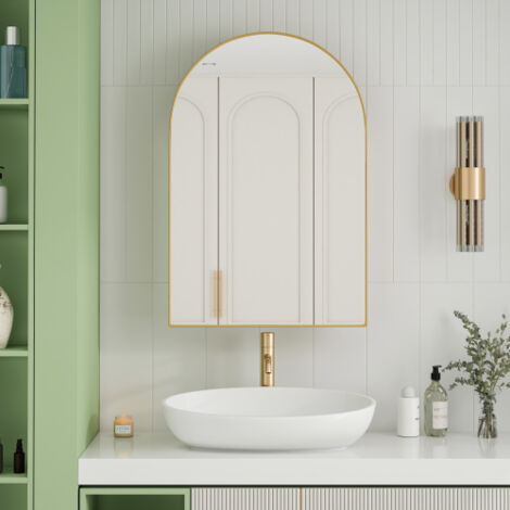 Miroir de salle de bain avec meuble de rangement, armoire à miroir arc, pour salle de bain, salon, chambre, doré (1/5)