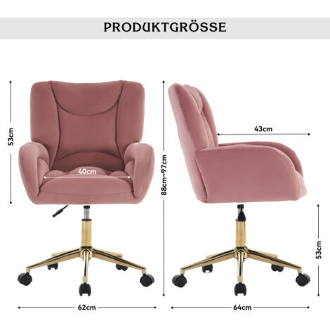 Chaise De Bureau Pivotante En Velours - Hauteur Réglable, Pieds Dorés - Charge 135 Kg - Rose - Pour Bureau, Coiffeuse - 11