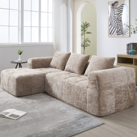 Wishdor – Canapé d'angle 3 places en L – Tissu chenille kaki – 3 coussins – Poches d'accoudoirs – Rembourrage mousse haute densité