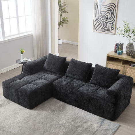 Wishdor – Canapé d'angle 3 places en L – Tissu chenille noir – 3 coussins – Poches d'accoudoirs – Sans assemblage – Éponge haute densité
