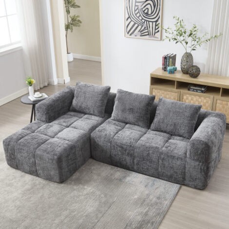 Wishdor – Canapé d'angle 3 places en L – Tissu chenille gris – 3 coussins – Poches d'accoudoirs – Sans assemblage – Éponge haute densité