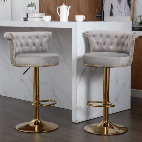 Lot de 2 tabourets de bar pivotants à 360 ° et réglables, avec repose-pieds, hauteur réglable, décoration rivet doré, dossier en velours, gris (1/5)