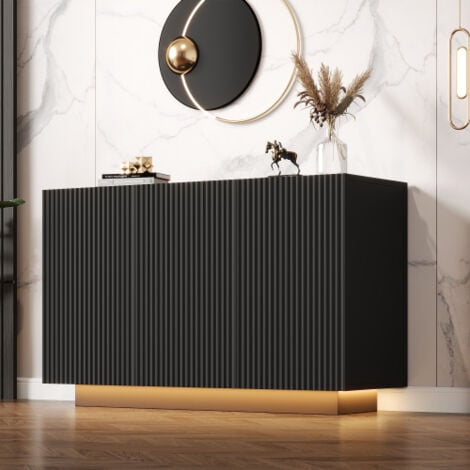Buffet noir, buffet 120 cm avec éclairage LED, plateau motif marbre, portes à rayures verticales