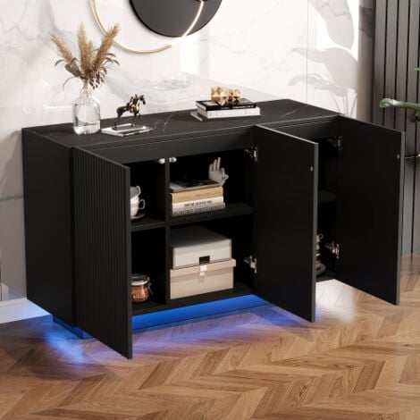 Buffet noir, buffet 120 cm avec éclairage LED, plateau motif marbre, portes à rayures verticales