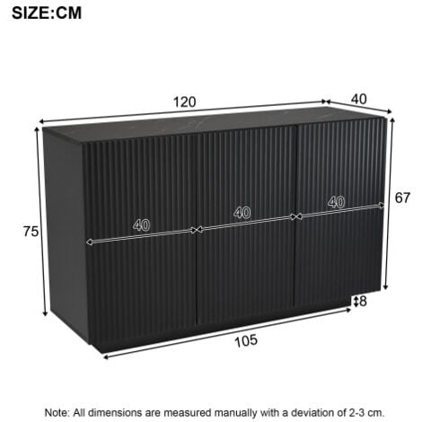 Buffet noir, buffet 120 cm avec éclairage LED, plateau motif marbre, portes à rayures verticales