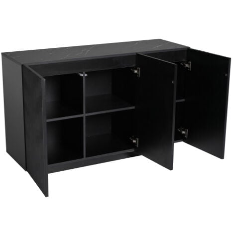 Buffet noir, buffet 120 cm avec éclairage LED, plateau motif marbre, portes à rayures verticales