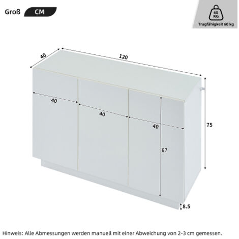 Buffet blanc brillant avec éclairage LED, 3 portes, panneaux de particules, 120x40x75 cm