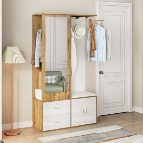 Modfu – Vestiaire d'entrée avec miroir et banc à chaussures – Crochets rétractables pour 6 vêtements – Rangement optimisé blanc et bois 100x38x180cm (1/5)